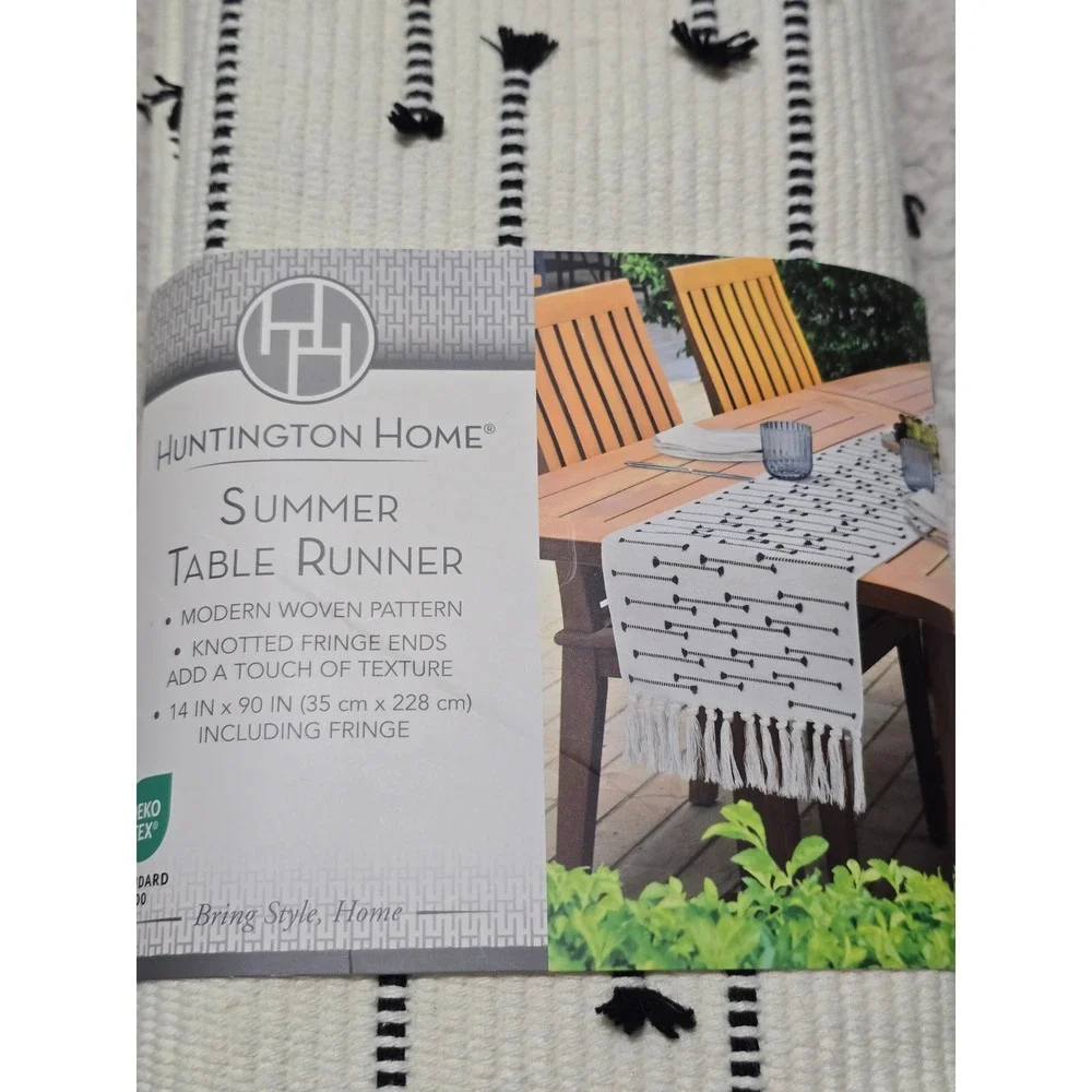 Huntington Home Summer Table Runner White Black Woven Fringe 14x90 Modern 709003